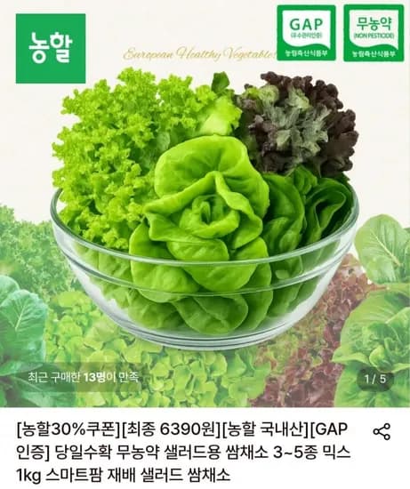무농약 샐러드용 쌈채소 3~5종 믹스 1kg