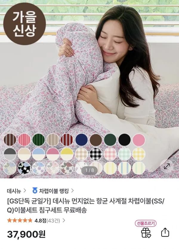 먼지없는 항균 사계절 차렵이불 베개커버(2개) 세트 (SS/Q) 37,900원