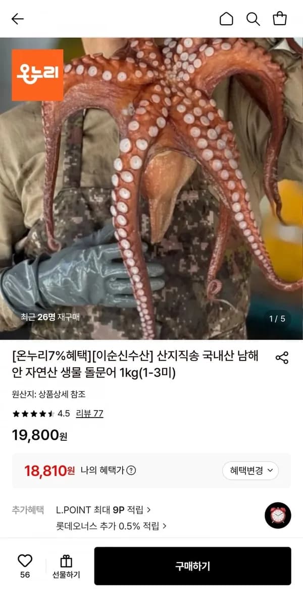 자연산 생물 돌문어 1kg 1-3미 18,810원