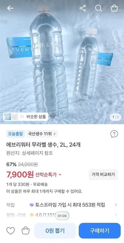 에브리워터 무라벨 생수 2L 24개 7,900원