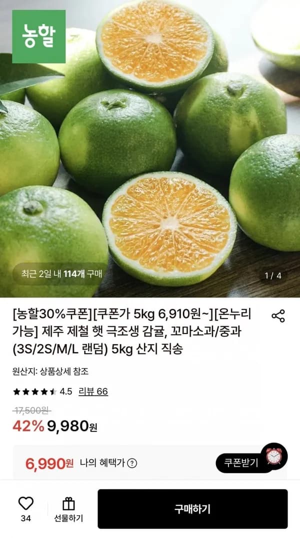 제주 제철 햇 극조생 감귤 5kg 6,990원