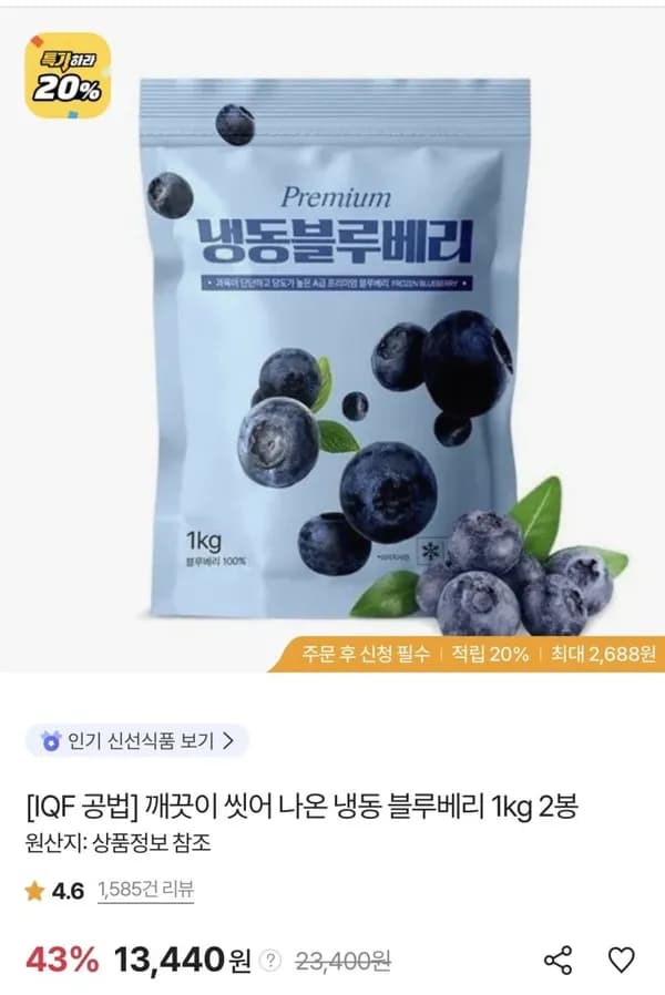 냉동 블루베리 1kg 2팩 12,836원
