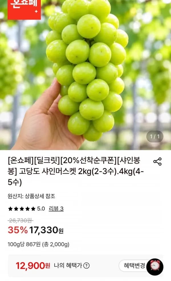 고당도 샤인머스켓 2kg(2-3수) 12,900원