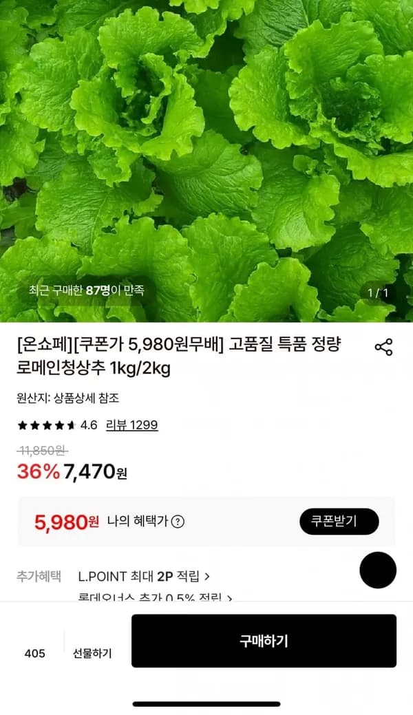 정량 로메인청상추 1kg 5,980원