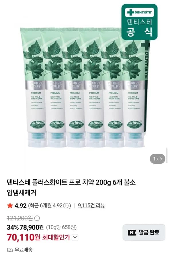덴티스테 플러스화이트 프로 치약 200g 6개