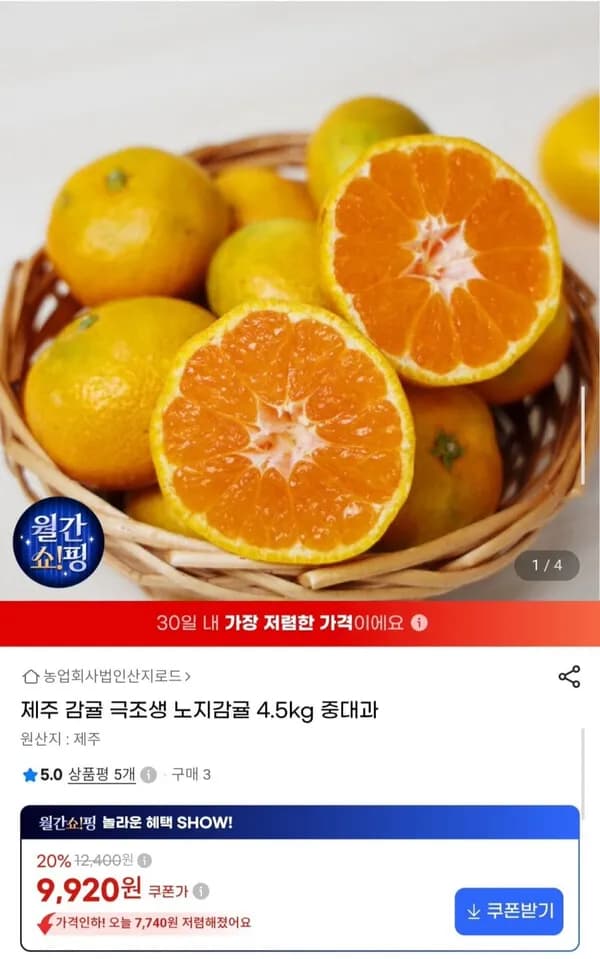 제주 극조생 노지감귤 4.5kg 중대과 9,920원