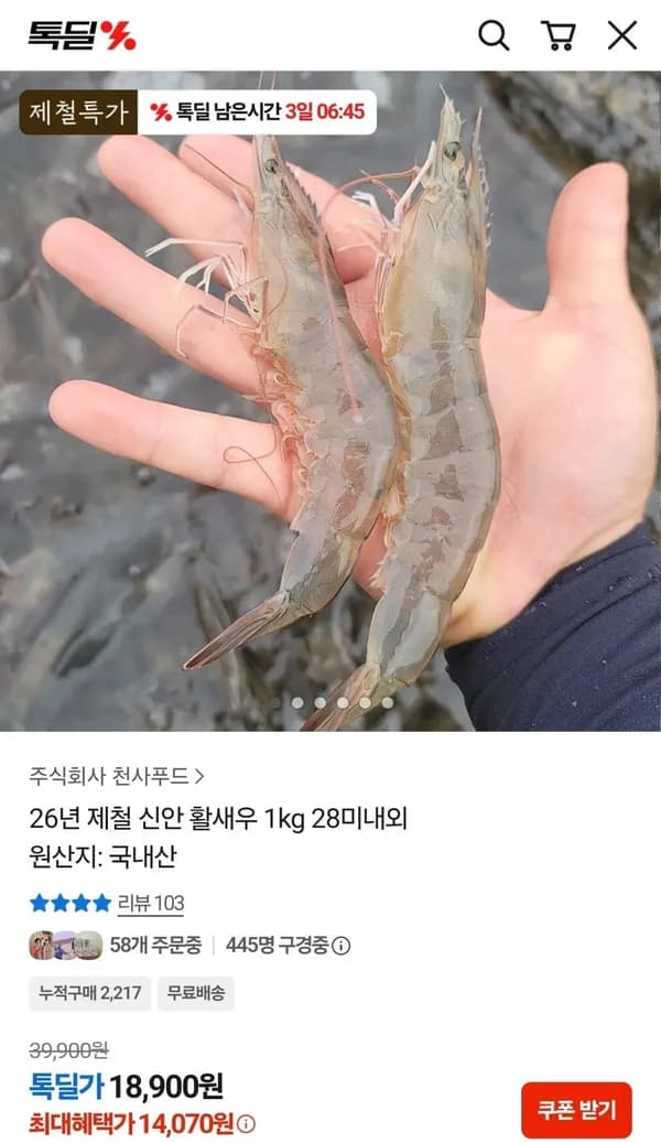 26년 제철 신안 활새우 1kg 28미내외 14,070원