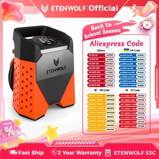 ETENWOLF ZEPHYR V3 휴대용 자동차 압축기 ETENWOLF S6SE 휴대용 에어 컴프레서 19200mAh