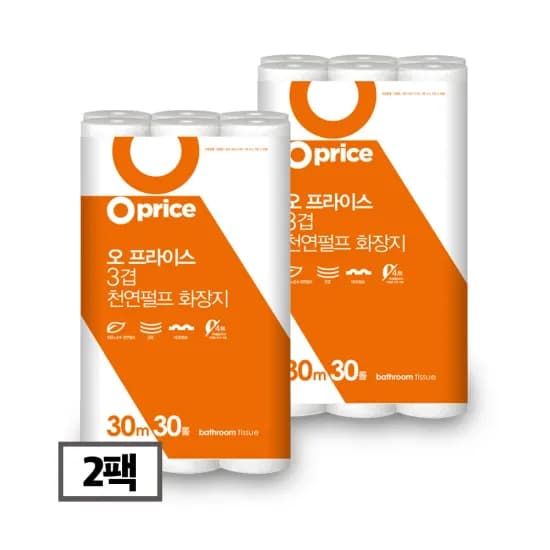 코인딜 오프라이스 3겹 천연펄프 화장지 휴지 30M 30롤 2팩