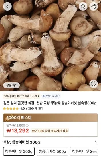 전남 곡성 무농약 참송이버섯 실속형 00g3
