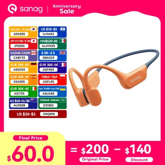 Sanag B77S IPX8 수영용 이어폰 골전도 블루투스 헤드폰 특가 64GB (83,200원/무료)