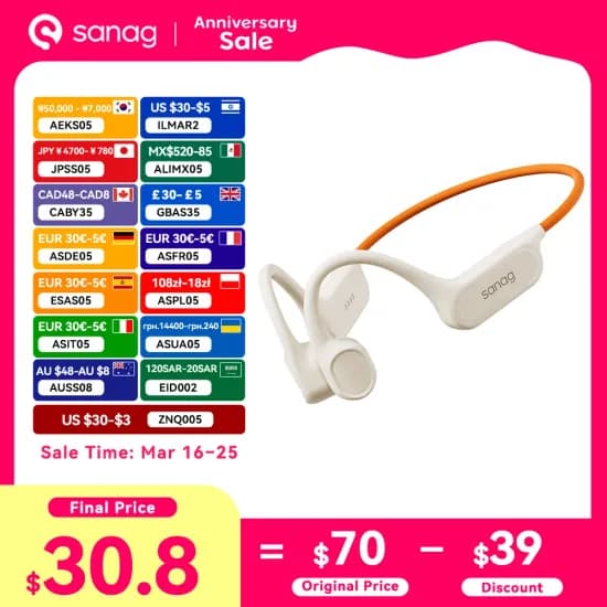 Sanag B33S AI 이어폰 골전도 블루투스 이어폰 32GB (44,700원/무료)