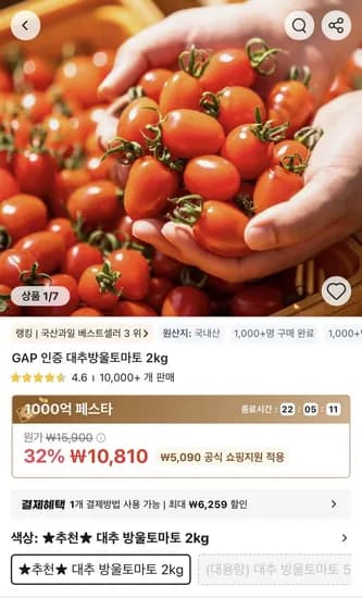 타임딜 GAP 인증 대추방울토마토 kg (10,810원/무료)2