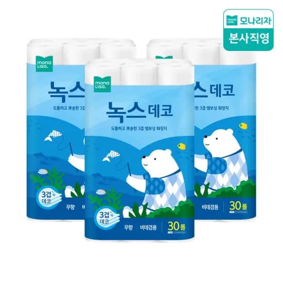 모나리자 녹스데코 화장지 3겹 30M 30롤 3개(27,720원/무료)