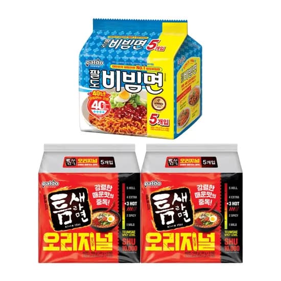 팔도 비빔면 (130g x 5입) x 1개+틈새라면 빨계떡 (120g x 5입) x 2개 (14,986원/무료)