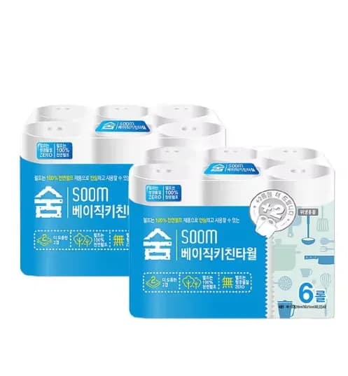 Soom 베이직 키친타올 6롤 2팩 천연펄프 무형광