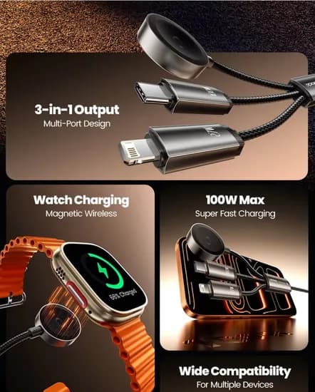 투키 100W 3in1 C타입 8핀 워치 충전케이블  ($9.44/무료)