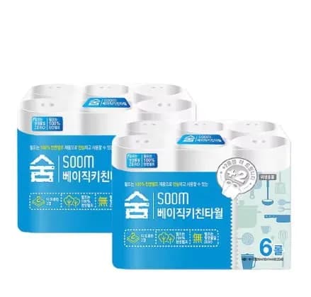 Soom 키친타올 6롤 2팩 천연펄프 무형광(6,675원/무료)
