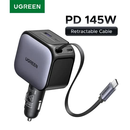 UGREEN 90W 차량용 충전기 리트랙터블 케이블 포함 ($17.01/무료)