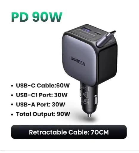 UGREEN 90W 차량용 충전기 리트랙터블 케이블 포함