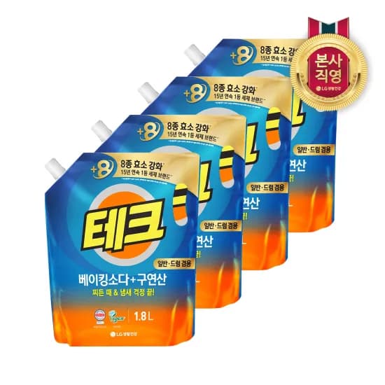 테크 베이킹소다+구연산 액체세제 일반드럼겸용 리필 1.8L X 4개(15,083원),르샤트라 초고농축 섬유유연제 1.6L x 2개 (로즈 / 자스민)(8,428원)무배