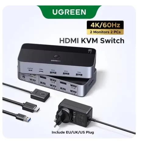 유그린 4K 60Hz HDMI KVM 스위치 (2 모니터, 2 PC 연결)