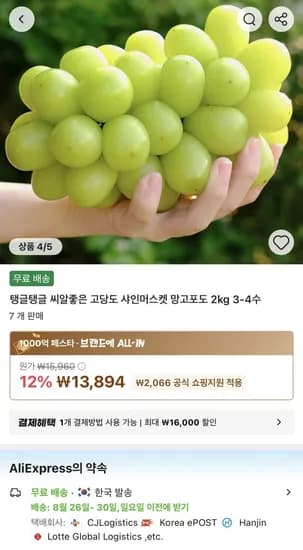 고당도 샤인머스켓 망고포도 2kg 3-4수(13,894원/무배)