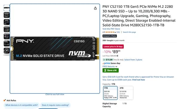 PNY CS2150 1TB Gen5 PCIe NVMe M.2 2280 3D NAND SSD – Up to 10,200/8,300 MBs