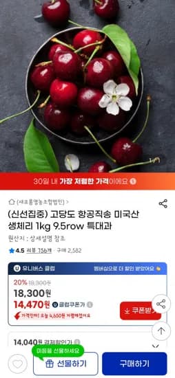 항공직송 미국산 생 체리 1kg 특대과 유클가