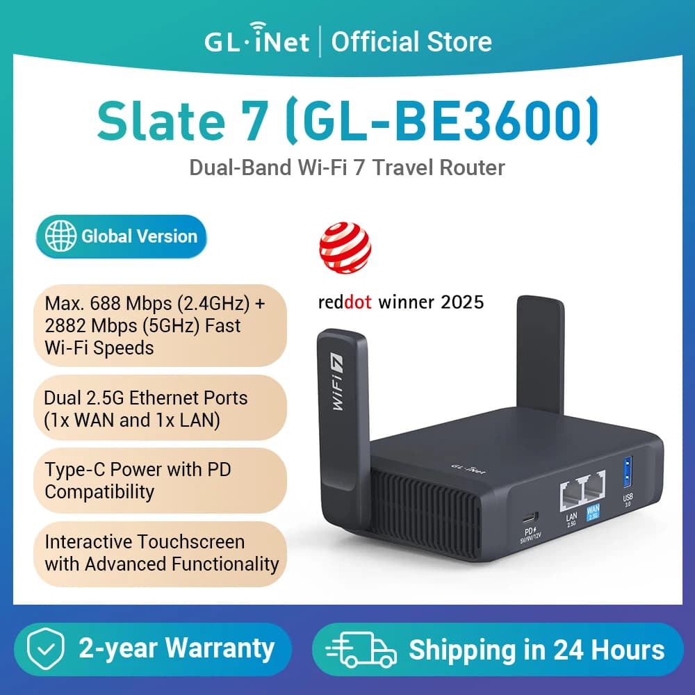 GL.iNet GL-BE3600 Slate 7 Wi-Fi 7 라우터 듀얼 2.5G 포트 터치 스크린 3570Mbps 게임 핫스팟 공용 호텔용 VPN