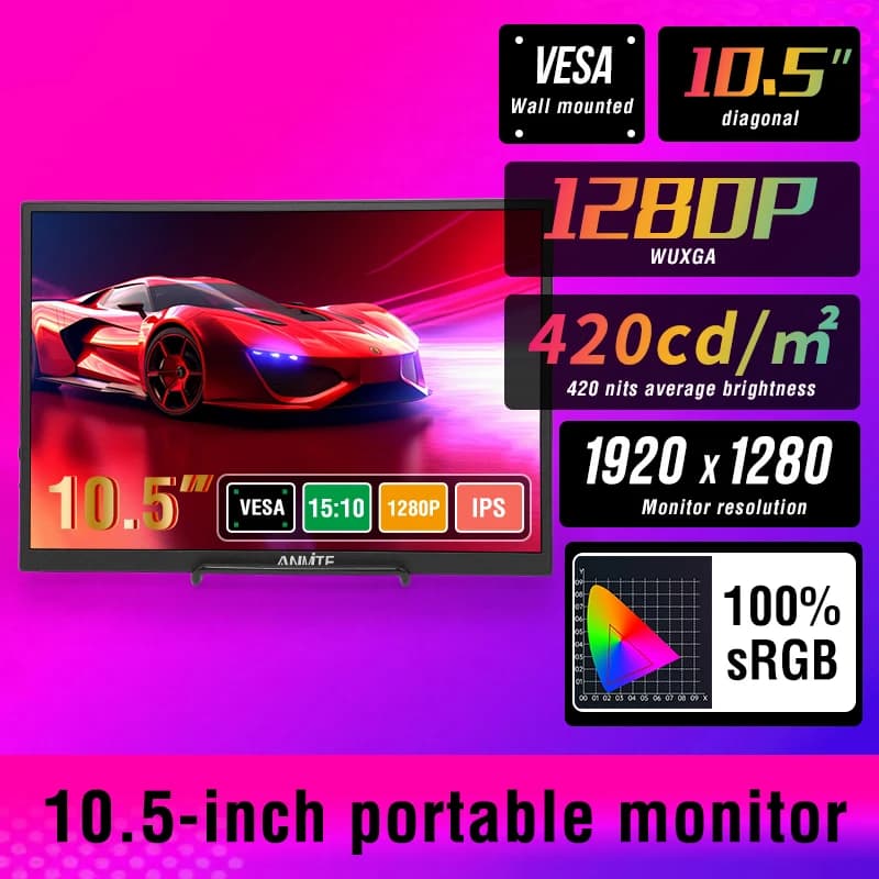 Anmite 10.5인치 휴대용 모니터 1280P HDR XBox PS4/5 스위치 휴대폰 PC 노트북 확장용