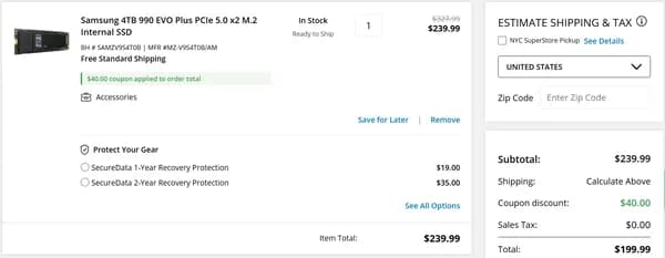 삼성 4TB 990 EVO Plus 199.99불