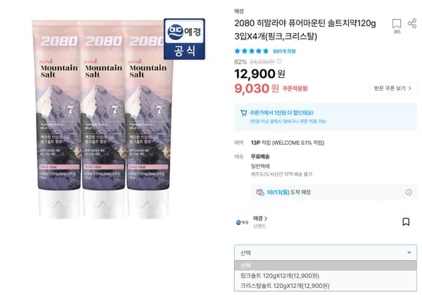 2080 히말라야 퓨어마운틴 솔트치약 120g x 12개