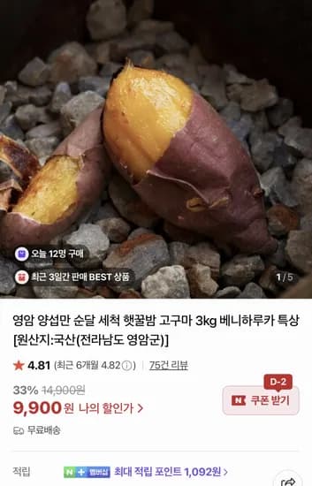 영암 세척 햇고구마 3kg 특상