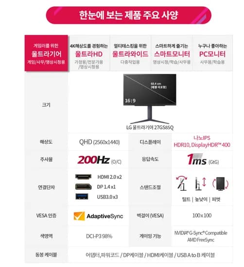 LG 27GS85Q 68cm 27인치 QHD 나노IPS 200Hz O/C 1ms