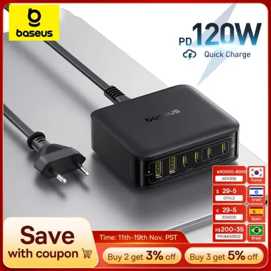 베이스어스 120W 데스크탑 충전기 노트북 고속 충전기 6 in 1 충전기