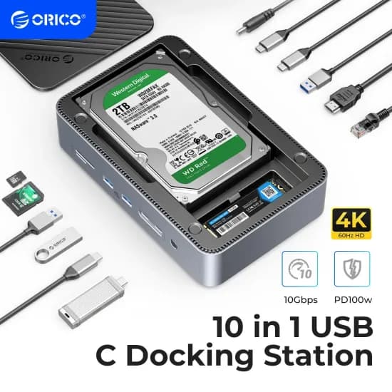 ORICO 도킹 스테이션 데크 3.5 하드 드라이브 인클로저 스팀 도크 10 in 1 HDMI 4K60Hz PD100W 이더넷 듀얼 M.2 NVME SSD 케이스 포함