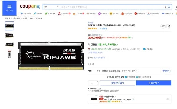 G.SKILL DDR5-4800 CL40 RIPJAWS 32GB 290,000