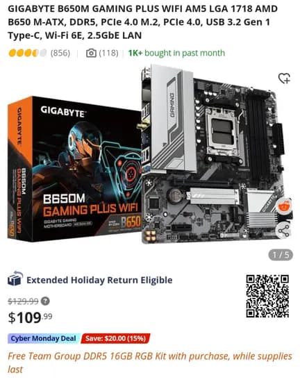 기가바이트 B650M GAMING PLUS WIFI 팀그룹 DDR5 16GB RGB