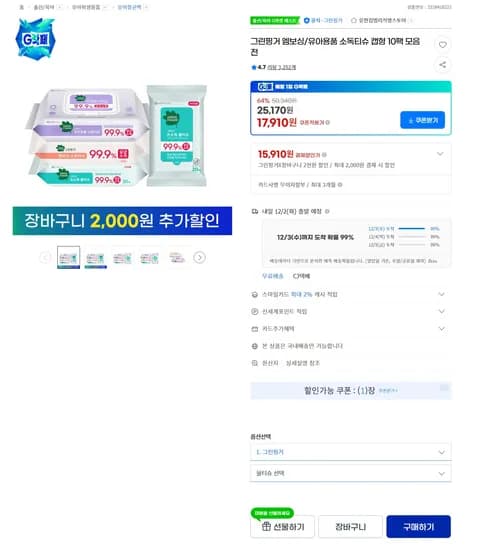 그린핑거 유아용품 소독티슈 캡형 10팩