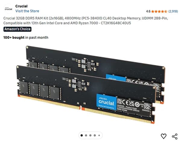 Crucial DDR5 RAM Kit 32GB 2 x 16GB 4800MHz CL40