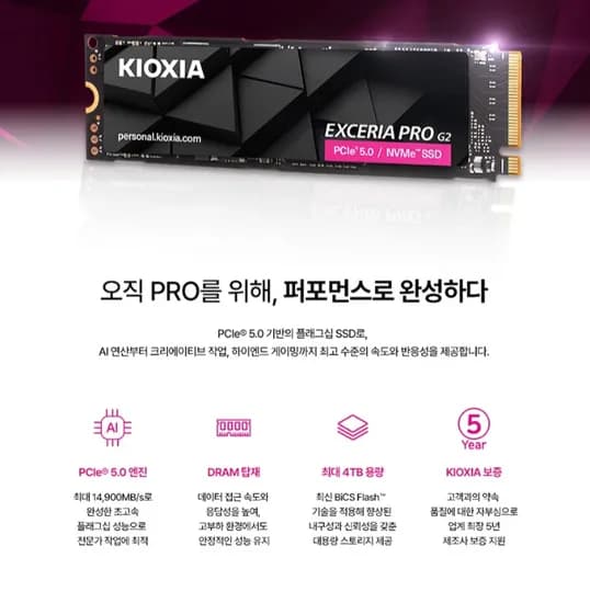 키오시아 PCIE 5.0 PRO G2 NVMe SSD 2TB DRAM 포함