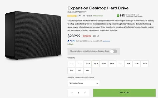 Seagate Expansion 22TB 외장하드 ($239) 외 26TB ($279)