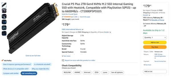 Crucial P5 Plus 2TB Gen 4 SSD with Heatsink