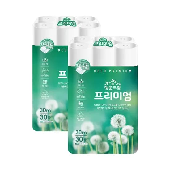 100% 천연펄프 행운드림 프리미엄 3겹 30m 2팩 화장지 (코인딜)