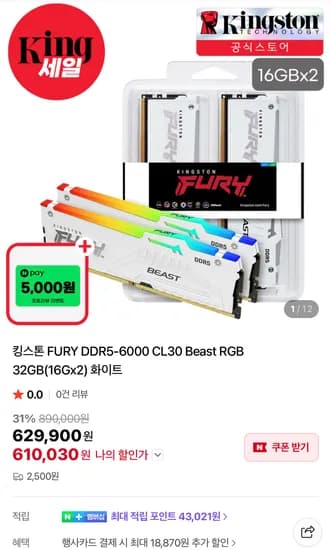 킹스톤 FURY DDR5-6000 CL30 Beast RGB 32GB 57.6만