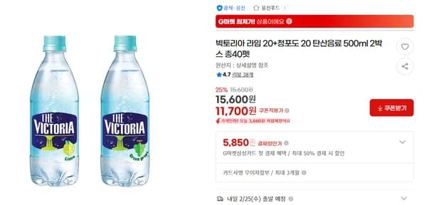 빅토리아 라임 20 청포도 20 탄산음료 500ml 2박스 총40펫
