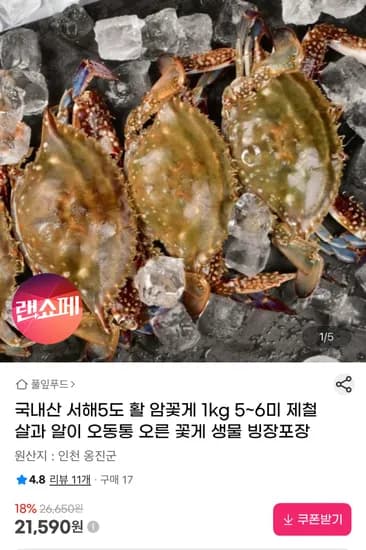 국내산 서해5도 활 암꽃게 1kg 5-6미