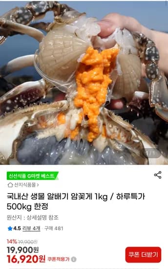 국내산 생물 알배기 암꽃게 1kg