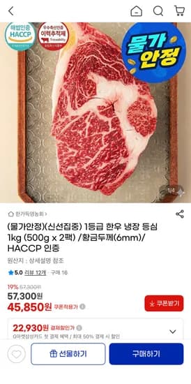 1등급 한우 냉장 등심 1kg 500g 2팩
